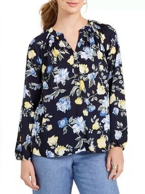 Charter Club Navy Floral Long-Sleeve Button-Pleat Blouse